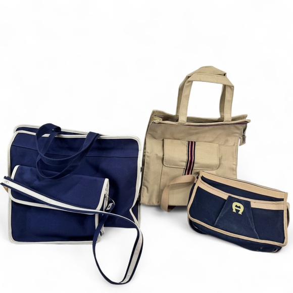 4 Pc Vintage Nautical Preppy Coastal Bags Etienne Agner Navy Tan White - Picture 1 of 15